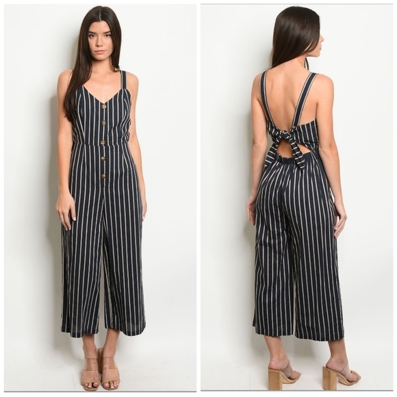 Olive Scent Pants - Sleeveless V-neck Striped Button Detail Jumpsuit